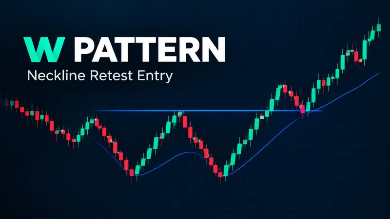 W pattern neckline retest entry chart showing the second-low, neckline break, and neckline retest entries with stop levels marked