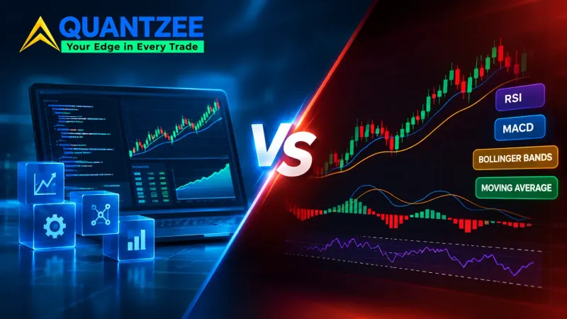 Quantitative trading vs indicator trading compared side by side: a laptop running quant model code and backtest output on the left, a candlestick chart marked with RSI, MACD, Bollinger Bands and moving average signals on the right