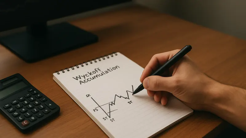 Trader marking up a Wyckoff accumulation range on a live candlestick chart