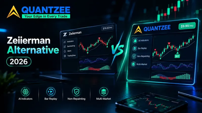 Zeiierman alternative 2026 — Zeiierman's 80+ TradingView indicators compared side by side with Quantzee's $9.99/mo AI trading indicators showing non-repainting buy signals, Bar Replay verification and multi-market coverage