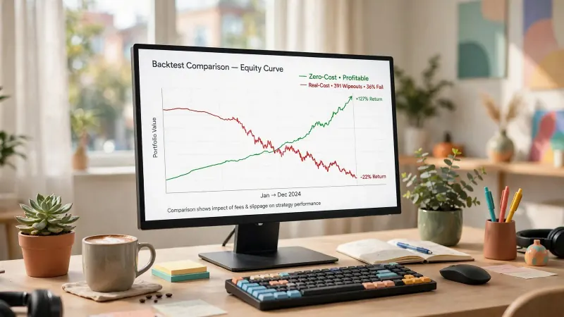 Zero-cost vs real-cost backtest equity curve comparison on a desktop monitor — a rising green zero-cost line reaching +127% return beside a falling red real-cost line showing 391 wipeouts, 36% fail rate and -22% return