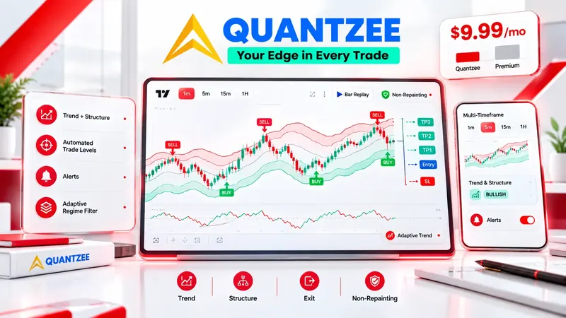Affordable TradingView indicators — Quantzee's non-repainting indicator suite, $59.99 once, on a TradingView chart with BUY/SELL signals and an automatic Entry, TP1, TP2, TP3 and Stop-Loss ladder