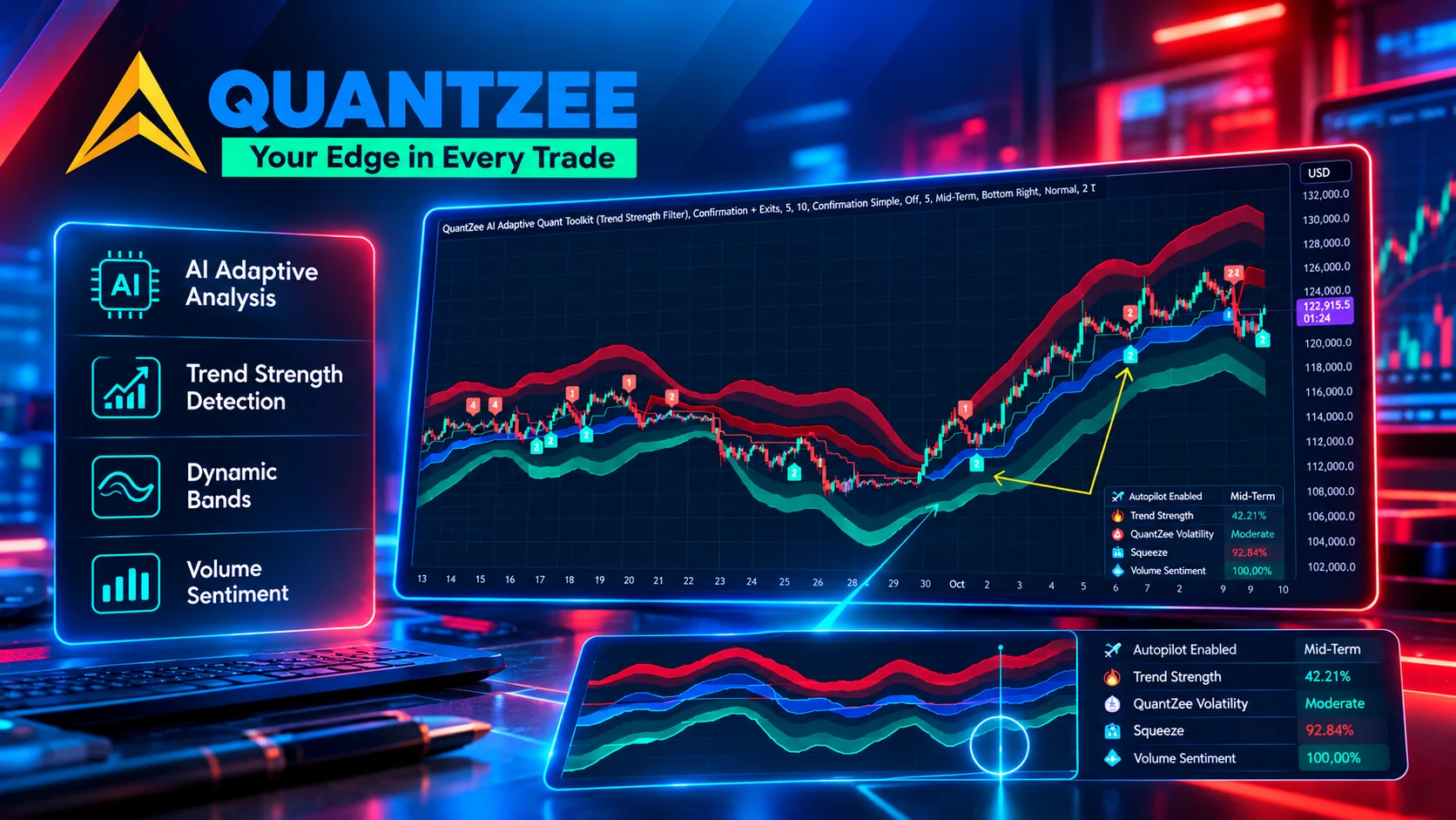 Quantzee AI Adaptive Quant Toolkit TradingView indicator showing adaptive Supertrend signals and the live multi-metric dashboard