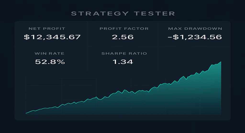 TradingView Strategy Tester backtesting performance report — equity curve and metrics dashboard
