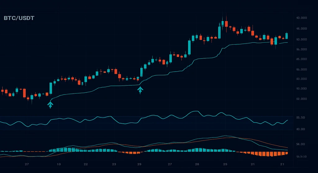 Bitcoin BTC/USDT crypto trading chart with SuperTrend buy signals, RSI oscillator, and MACD histogram on TradingView dark theme