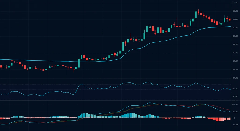 Intraday day trading chart on TradingView with VWAP line, SuperTrend buy signals, RSI oscillator, and MACD histogram on dark navy background