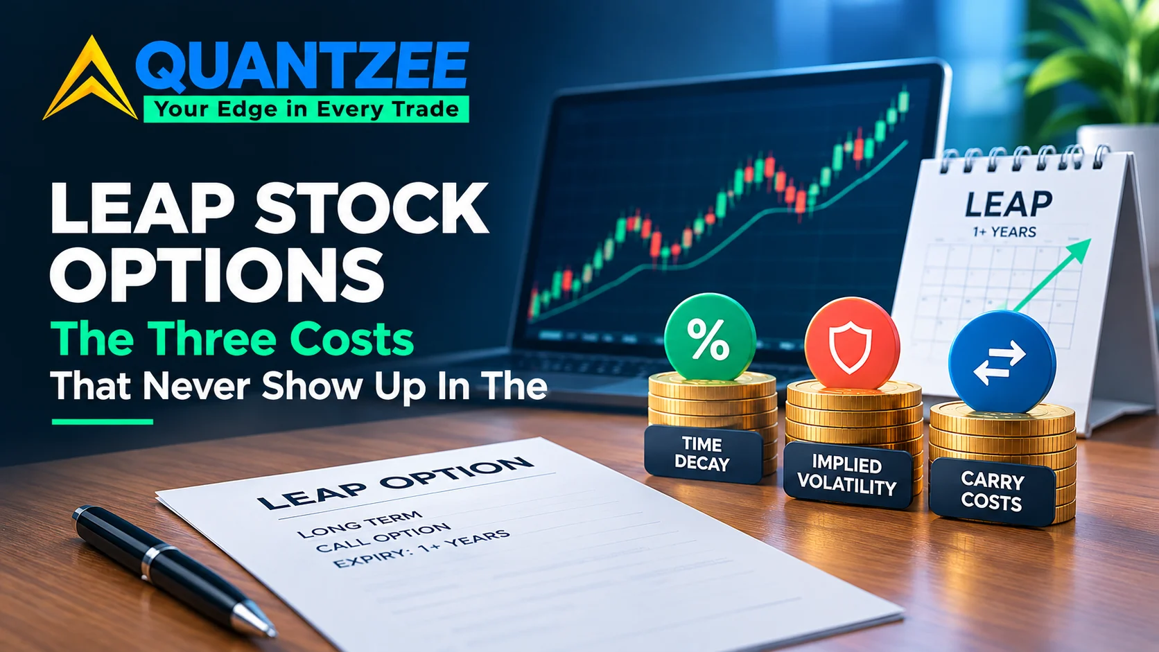 LEAP stock options illustration showing the three hidden costs — time decay, implied volatility, and carry costs — stacked on coins next to a long-term call option contract and a candlestick price chart