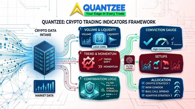 Quantzee crypto trading indicators framework diagram showing volume, liquidity, trend, momentum and confirmation logic feeding into bull/bear trade setups and strategy allocation