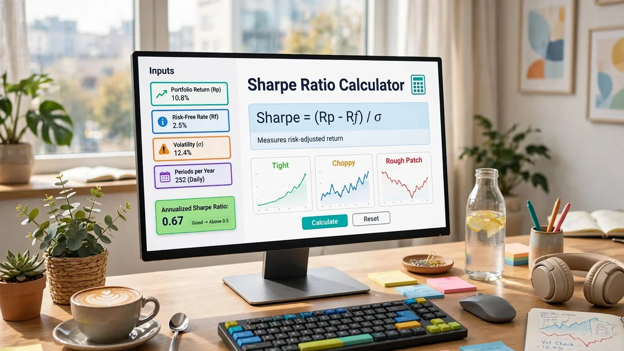Sharpe ratio calculator dashboard showing the Sharpe ratio formula, portfolio return, risk-free rate and volatility inputs, and the annualised Sharpe ratio result