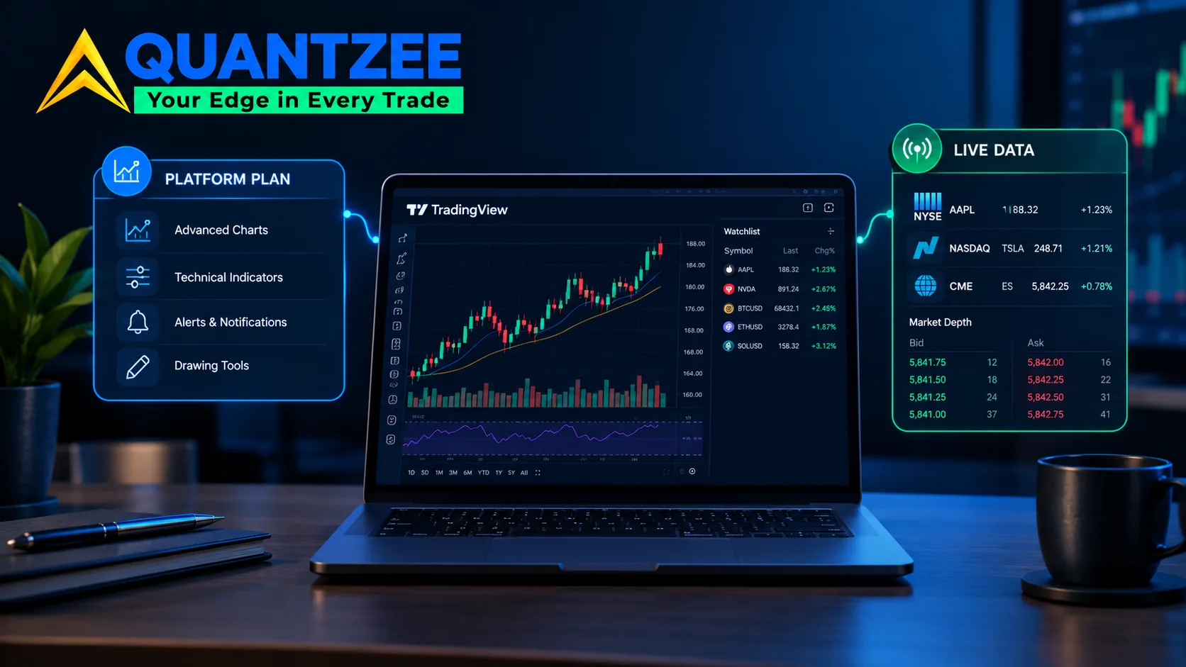 TradingView workspace split into two separate panels: a Platform Plan panel listing advanced charts, technical indicators, alerts, and drawing tools, next to a Live Data panel showing real-time NYSE, NASDAQ, and CME quotes